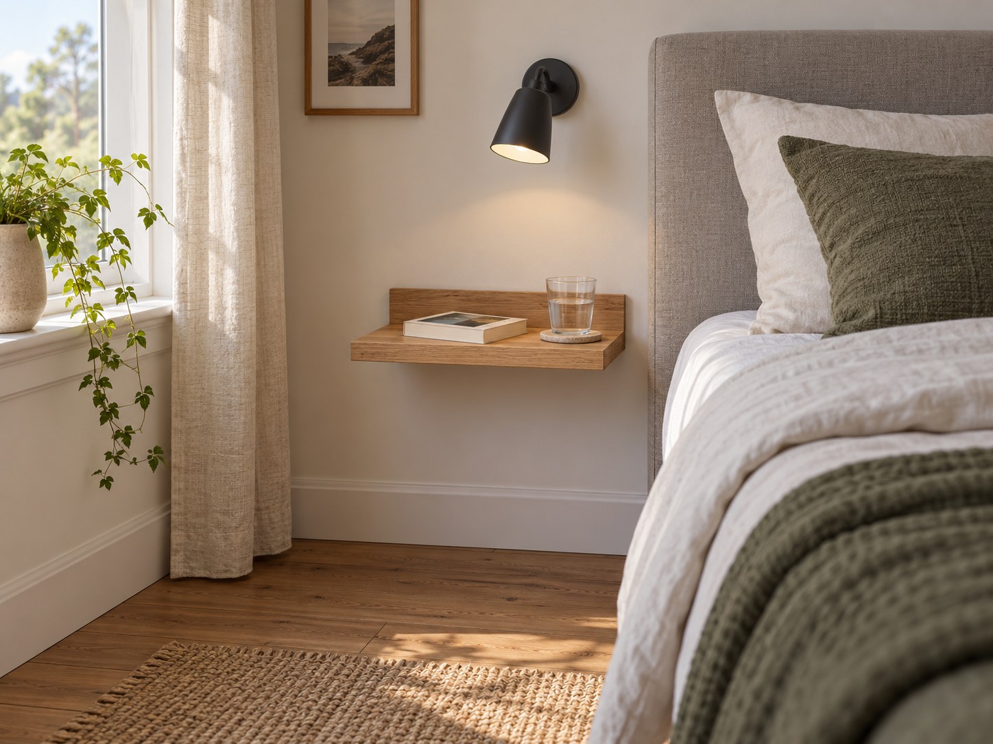 Wall-mounted shelf beside a bed, with no floor-standing nightstand