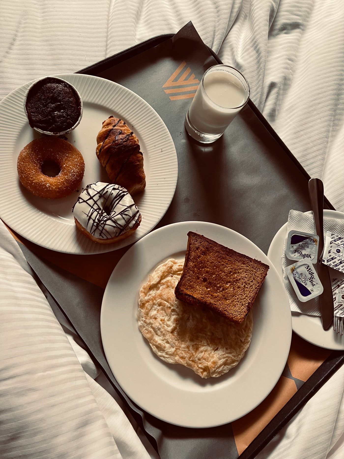 Breakfast arranged on a tray