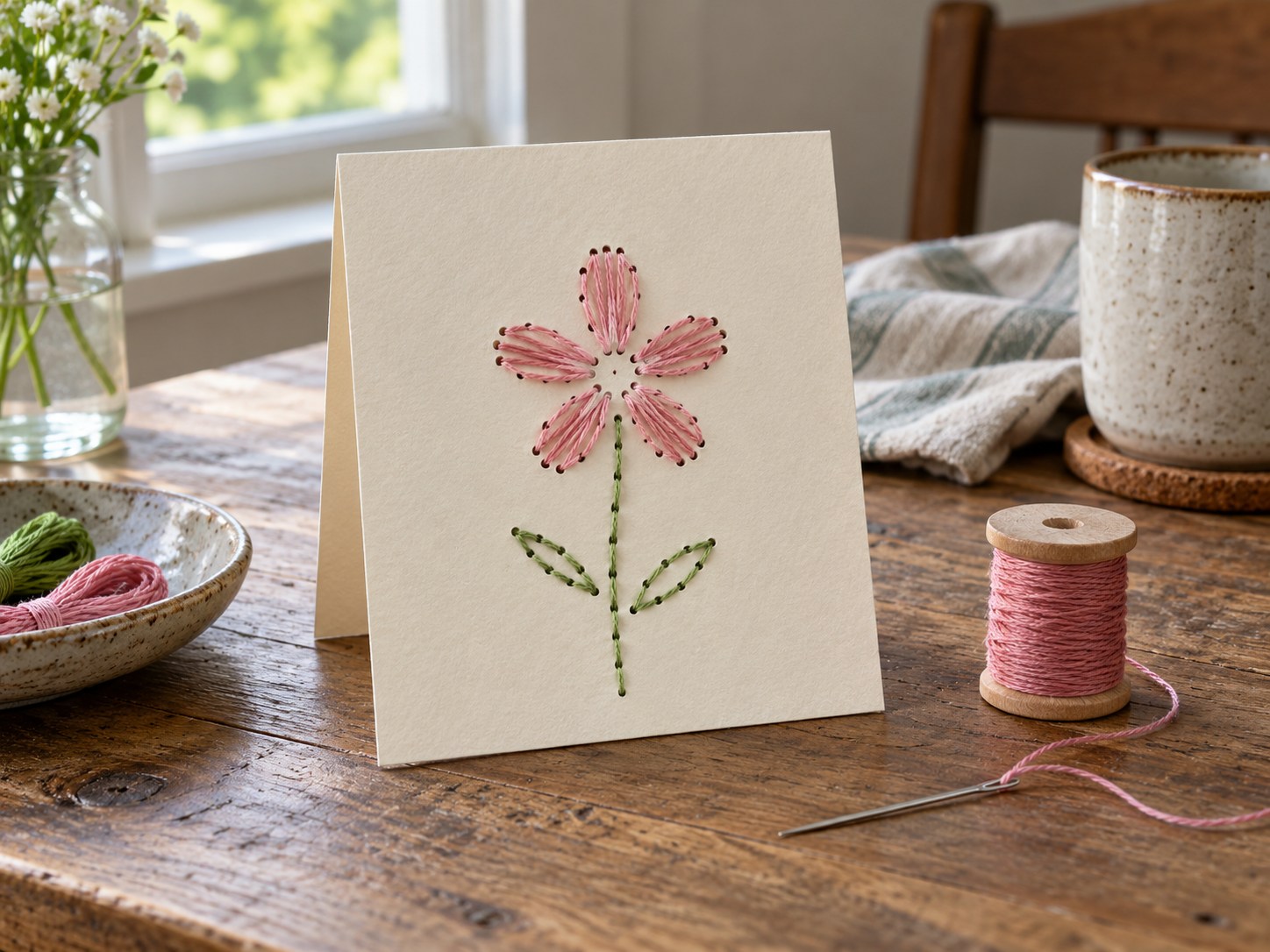 A flower embroidered onto a paper card
