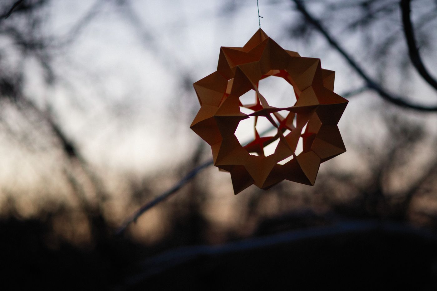 A paper star hanging from a branch