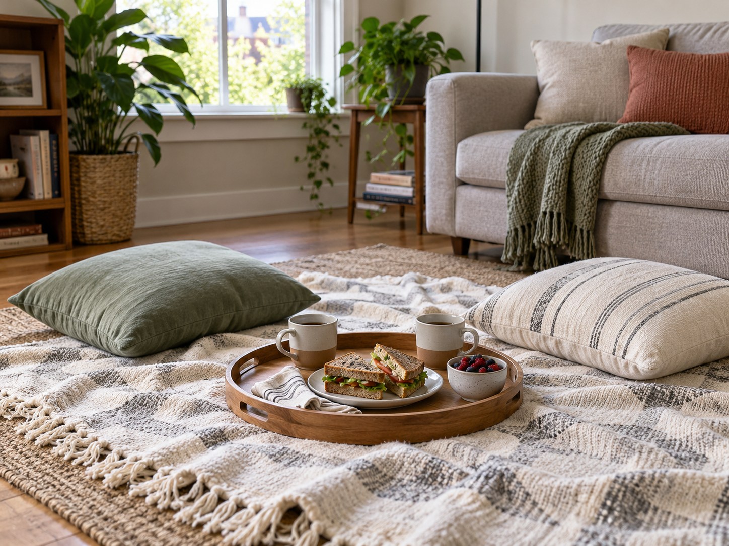 Blanket, cushions and a tray for a living-room picnic
