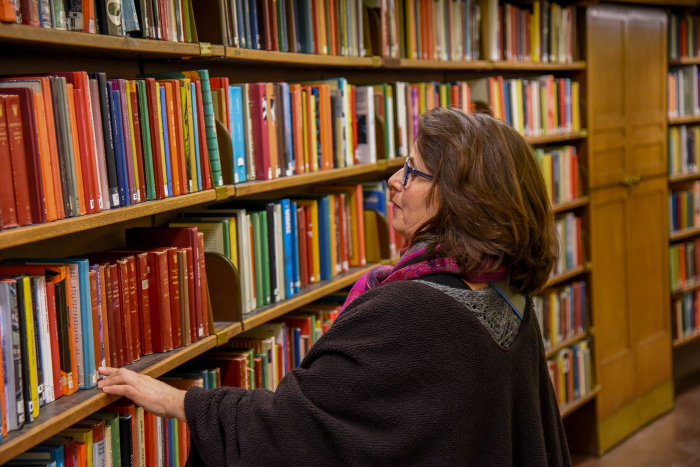A reader choosing a book in a library