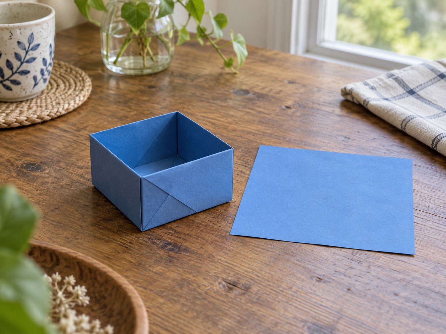 A small blue box folded from paper
