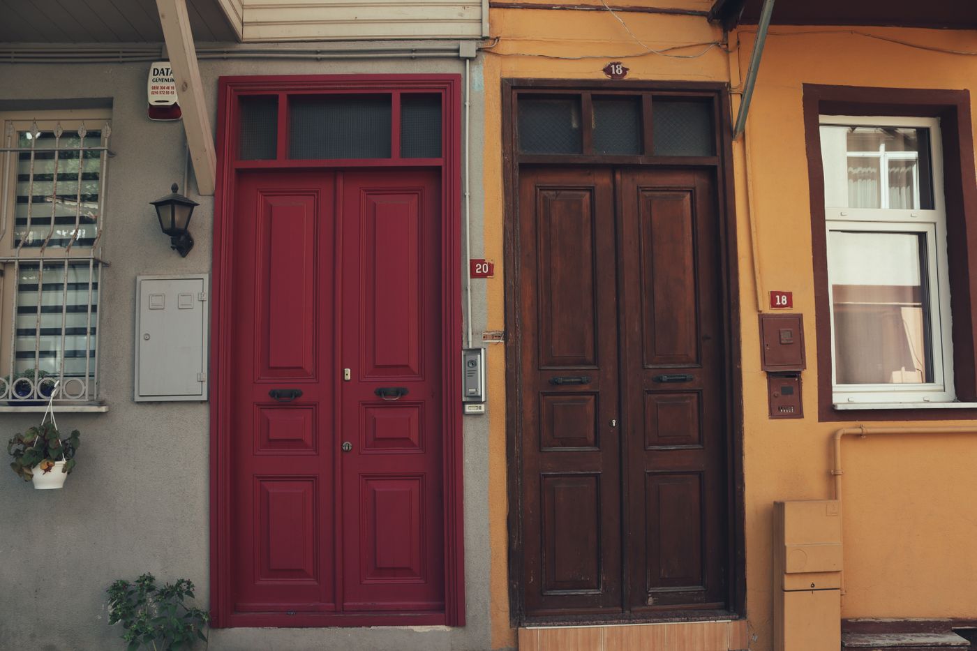 Colourful doors along a street